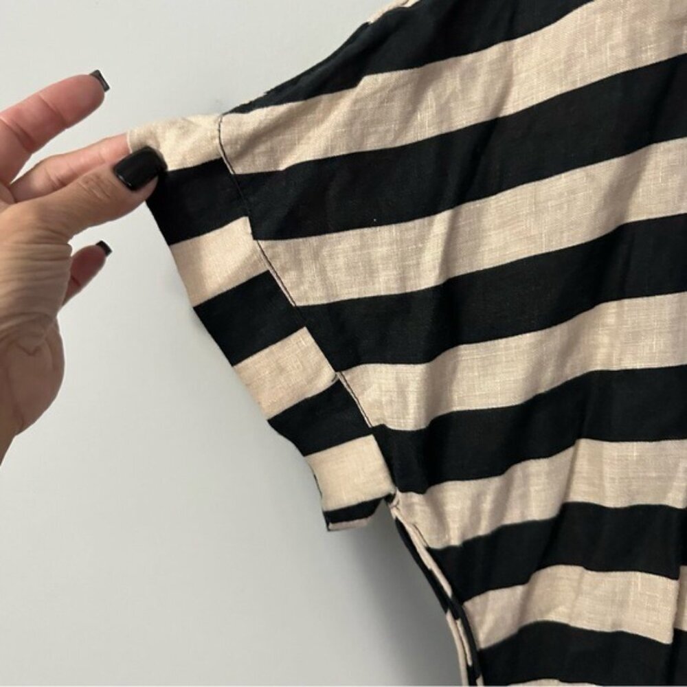Zara Linen Striped Blouse Black Cream Nautical Minimalist Breton Top Small - Picture 4 of 11